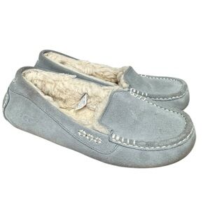 UGG Ansley Soft Gray Suede Moccasin Slippers, Plush Upcycled Wool Lining, 8